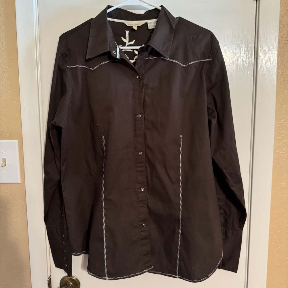 Stetson Womens Brown Long Sleeve Western Snap Shirt with Floral Embroidery L - Picture 2 of 13